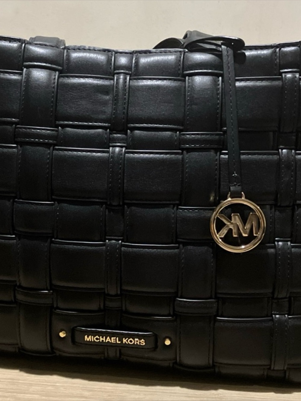 Michael Kors Black Woven Tote Bag with Gold Accent
